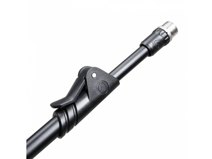 Gravity MS 2222 B - Pie de micrófono corto con base redonda y brazo jirafa telescópico de 2 puntos de ajuste