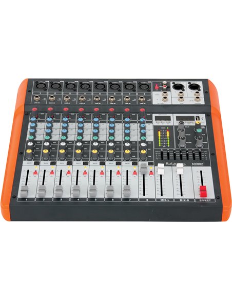 IBIS 8-CH MIXER USB/BT, +48V,1xAUX,1xEFFECT, 7-EQ MX802