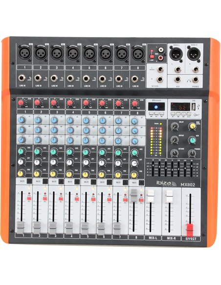 IBIS 8-CH MIXER USB/BT, +48V,1xAUX,1xEFFECT, 7-EQ MX802