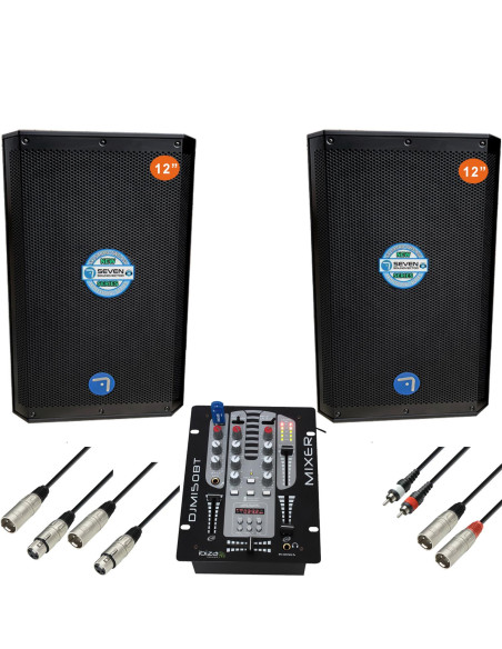 Pack equipo de sonido DJ completo Seven PASV-12APRO con dos altavoces activos de 12 pulgadas y mesa de mezclas.